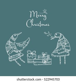 Christmas and New Year card with Christmas bird and present. Hand drawn.