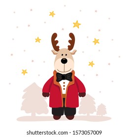 Christmas and new year card with bright deer in jacket and bow tie on white background with stars and christmas tree. Vector illustration