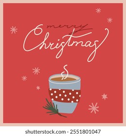 Christmas and new year card with cacao mug. Illustration with merry christmas lettering. 