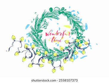 Christmas and New Year card with calligraphy and textures, fir tree wreath, lights. Wonderful time.