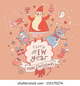 Christmas and New Year card in cartoon style. Stylish vector holiday background with Santa, penguin, snowman and other elements in pink colors