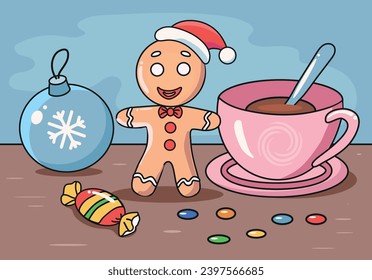 Christmas New Year card with cartoon Ginger bread man vector illustration