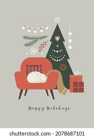 Christmas and New Year card.  Cat sleeps on the sofa	
