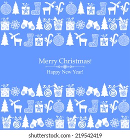 Christmas and New Year card. Celebration blue background with Christmas tree, gift boxes and place for your text. Vector Illustration