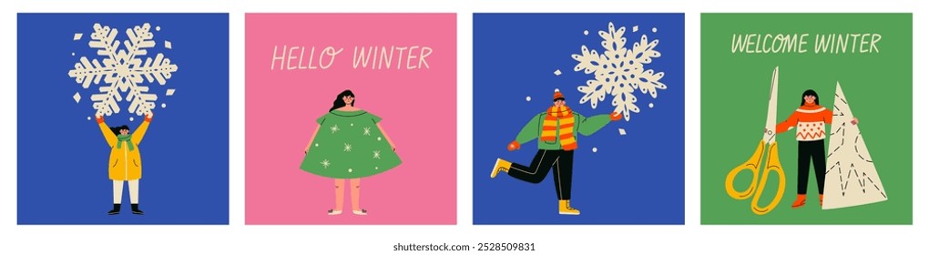 Christmas and New Year card with characters. People with big paper snowflakes. Colorflul card set.
