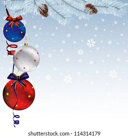 christmas and new year card with colorful ball decor with fir branch on snowflakes background