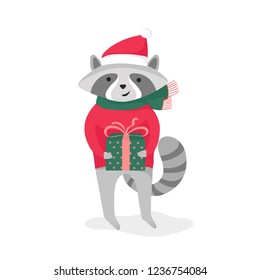 Christmas or  New Year card. Cute raccoon with gift in his hands isolated on white background. Vector flat cartoon illustration. 