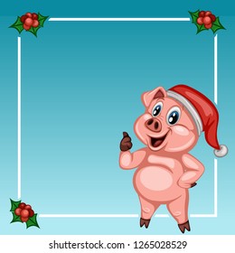 Christmas and New Year Card with a Cute Cheerful Pig and Holly Berry. Cartoon Vector Illustration. Merry Christmas New Year Banner with Frame, Text Placeholder