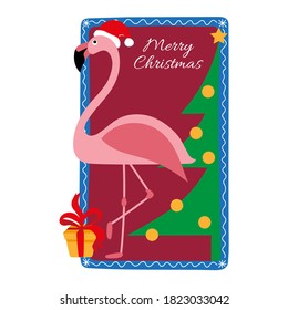 Christmas and New Year card with cute pink flamingo, tree and gift. Great for card, poster, poster and kids room decoration.
