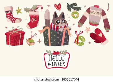 Christmas or New Year Card With Cute Christmas Characters And Objects. Vector