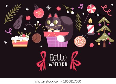Christmas or New Year Card With Cute Christmas Characters And Objects. Vector