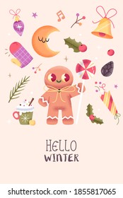 Christmas or New Year Card With Cute Christmas Characters And Objects. Vector