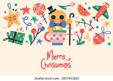 Christmas or New Year Card With Cute Christmas Characters And Objects. Vector