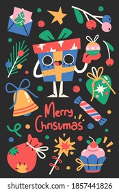 Christmas or New Year Card With Cute Christmas Characters And Objects. Vector