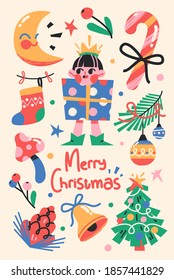 Christmas or New Year Card With Cute Christmas Characters And Objects. Vector