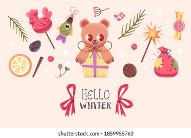 Christmas or New Year Card With Cute Christmas Characters And Objects. Vector