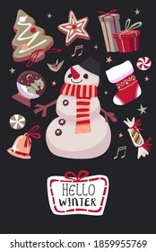 Christmas or New Year Card With Cute Christmas Characters And Objects. Vector