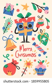 Tarjeta de Navidad o Año Nuevo con caracteres y objetos de Navidad. Vector