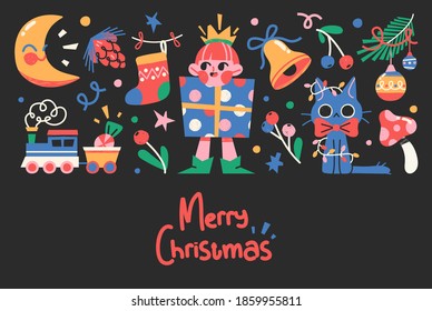 Christmas or New Year Card With Cute Christmas Characters And Objects. Vector