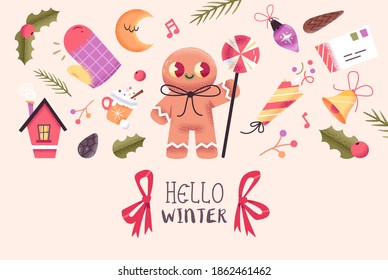 Christmas or New Year Card With Cute Christmas Characters And Objects. Vector