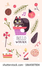 Christmas or New Year Card With Cute Christmas cat Character And Objects. Vector