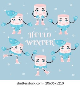 Christmas, New Year card with cute cartoon characters and inscription Hello winter. Cheerful marshmallows in winter clothes, figure skates, hat, mittens. Vector illustration