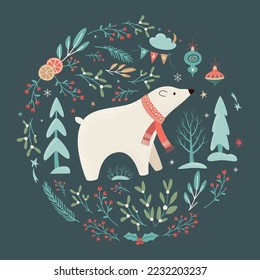 Christmas and New Year card with cute polar bear, pine trees and floral elements in circular shape. Winter landscape in retro style on dark background. Hand drawn vector illustration. Winter Holiday