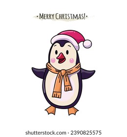 Weihnachtskarte mit süßem, lustigen Pinguin im Weihnachtsmann, Vektorgrafik