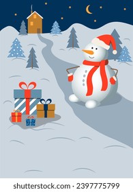 Christmas and New Year card. Cute cartoon snowman with gifts. Winter landscape. Vector illustartion.