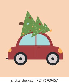 Navidades y tarjeta de año nuevo con lindo coche rojo y árbol de Navidad