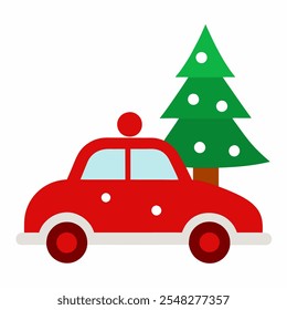 Christmas and new year card with cute red car and Christmas tree. vector art with background white.