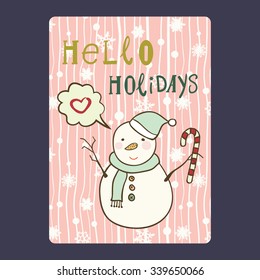 Christmas and New Year card with cute snowman on santa hat holding candy cane