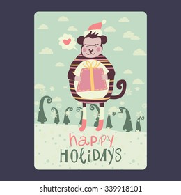 Christmas and New Year card with cute monkey on santa hat holding red gift