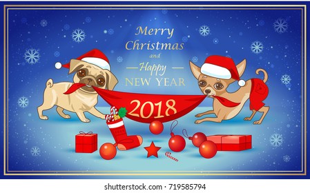 Christmas and new year card with cute dogs. Christmas design greeting card, invitation, poster etc.