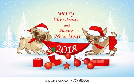 Christmas and new year card with cute dogs. Christmas design greeting card, invitation, poster etc.