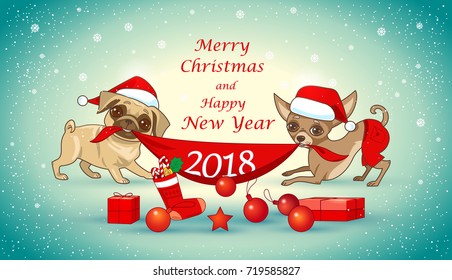 Christmas and new year card with cute dogs. Christmas design greeting card, invitation, poster etc.