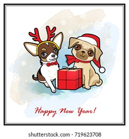 Christmas and new year card with cute dogs. Dogs disguised in Santa Claus costume. Christmas design greeting card, invitation, label, poster, sticker. 