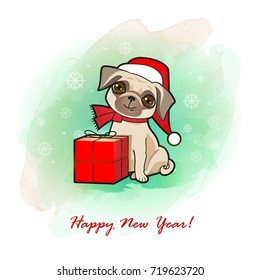 Christmas and new year card with cute dog. Dogs disguised in Santa Claus costume. Christmas design greeting card, invitation, label, poster, sticker. 