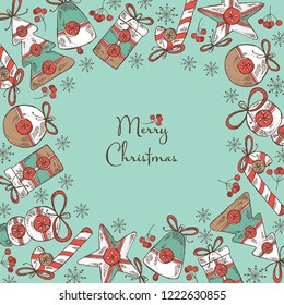 Christmas and New Year card with Christmas decorations. Vector hand drawn illustration.