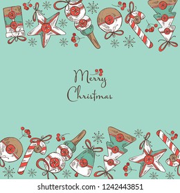 Christmas and New Year card with Christmas decorations. Vector hand drawn illustration.