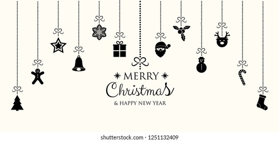 Christmas and New Year card with decorations and wishes. Vector.