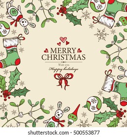 Christmas and New Year card with Christmas decorations. hand drawn 
