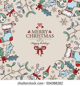 Christmas and New Year card with Christmas decorations. hand drawn 