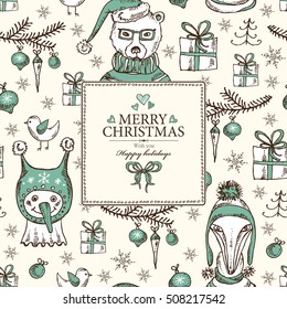 Christmas and New Year card with Christmas decorations, funny bear, fox and snowman. Hand drawn 