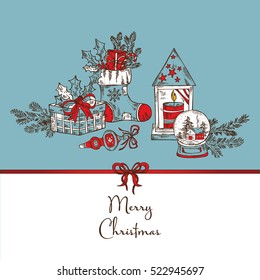Christmas and New Year card with Christmas decorations: boot, candle and present. Hand drawn.