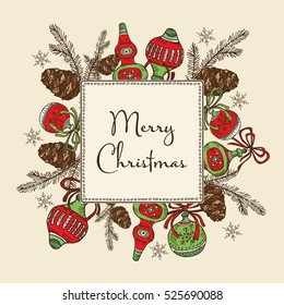 Christmas and New Year card with Christmas decorations and cone. Hand drawn