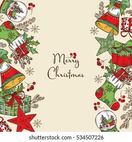 Christmas and New Year card with Christmas decorations: boots, bell, star and present. Hand drawn