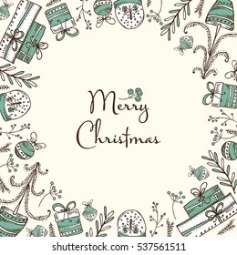 Christmas and New Year card with Christmas decorations and present. Hand drawn