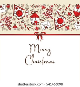 Christmas and New Year card with Christmas decorations. Hand drawn.