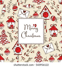 Christmas and New Year card with Christmas decorations. Hand drawn.